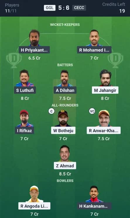 GGL vs CECC Dream11 Prediction: Today’s Match 10– Fantasy Cricket Tips, Captain Choices, Playing XI & Injury Updates – KCC T10 Challengers League 2025