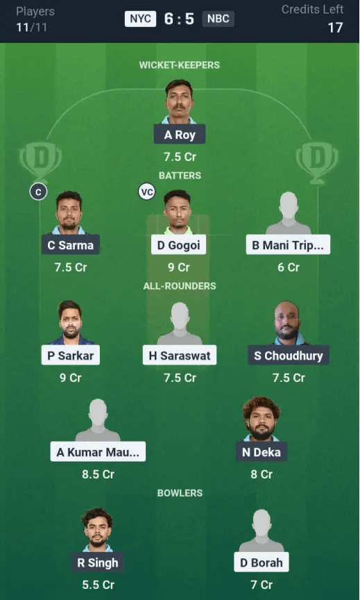 NYC vs NBC Dream11 Prediction: Today’s Match 16– Fantasy Cricket Tips, Captain Choices, Playing XI & Injury Updates – GUWAHATI SPRING LEAGUE 2025