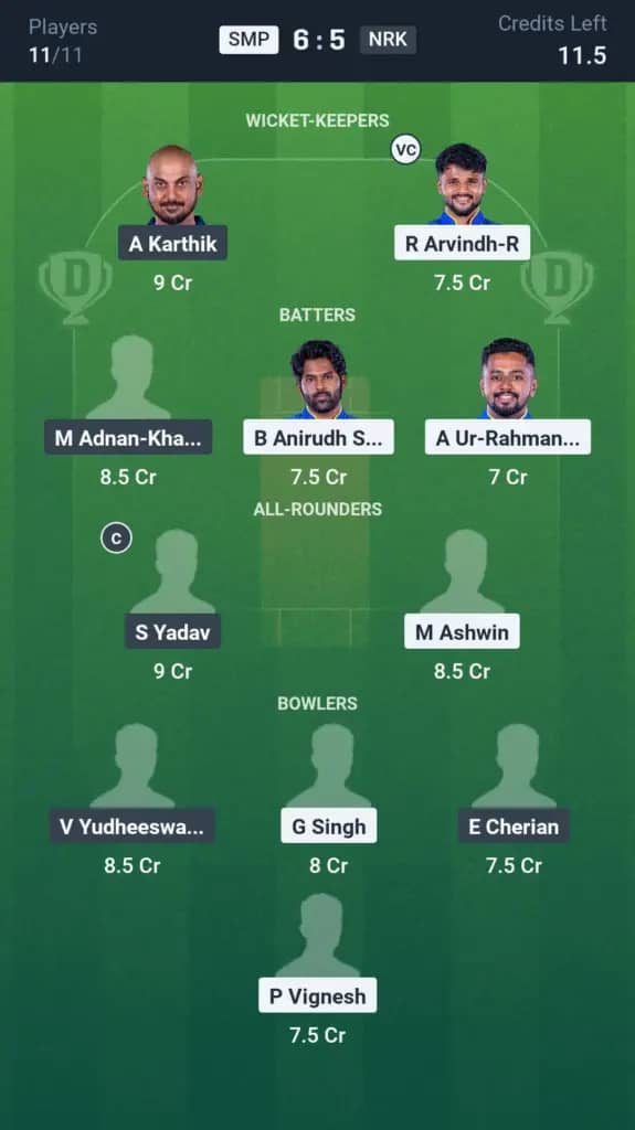 SMP vs NRK Dream11 Prediction: Today’s Match 16 – Fantasy Cricket Tips, Captain Choices, Playing XI & Injury Updates – TNPL 2025